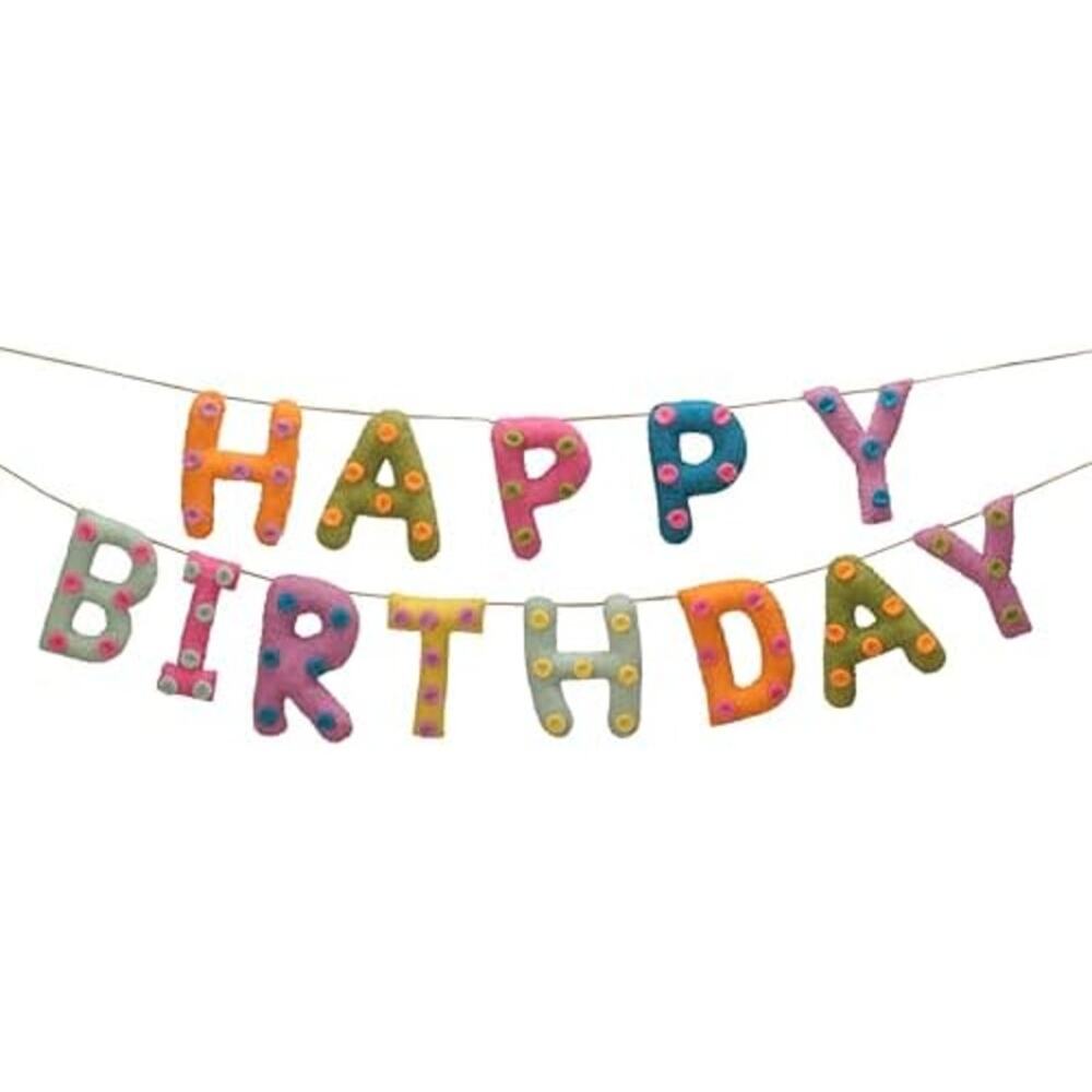 Happy Birthday Felt Ball Garland 72” Boho Wool Banner Double Layer Pom Pom Decor